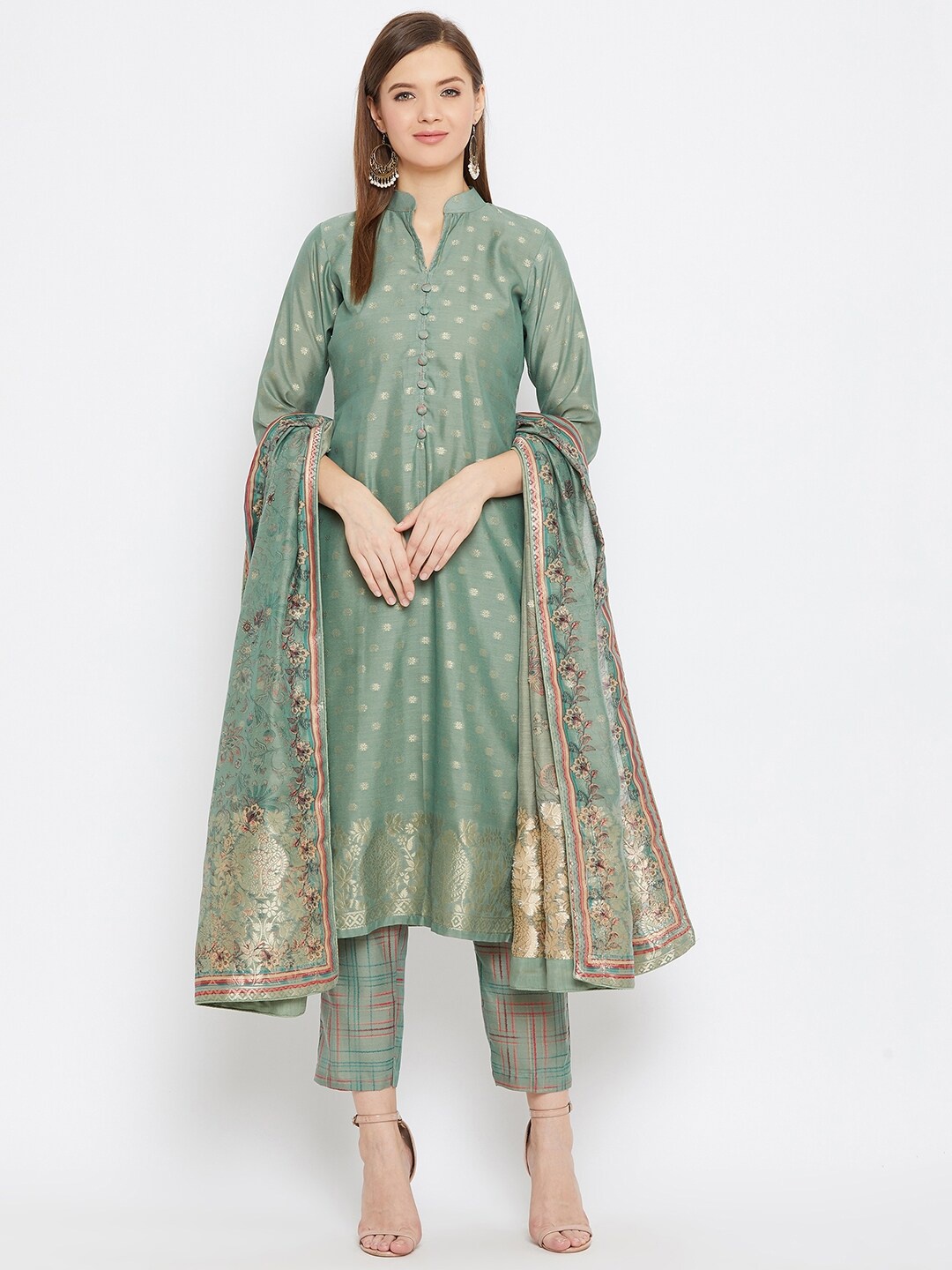 

Safaa Green & Gold-Toned Woven Design Unstitched Dress Material