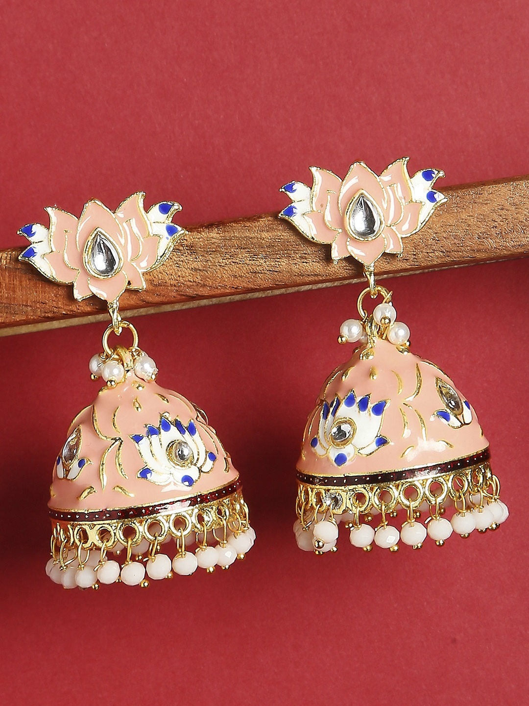 

OOMPH Peach-Coloured Enameled Jhumkas Earrings