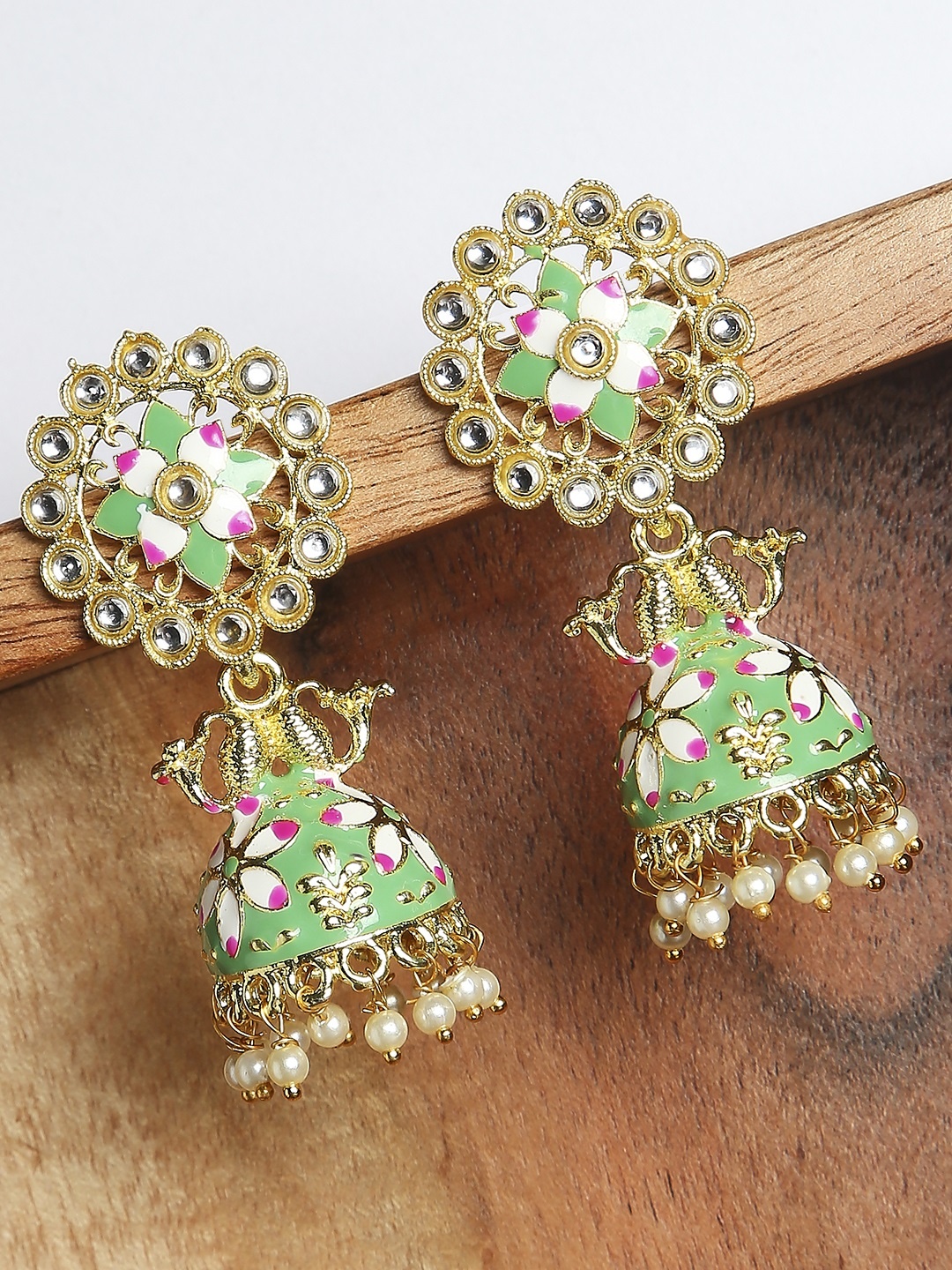 

OOMPH Green Floral Jhumkas Earrings