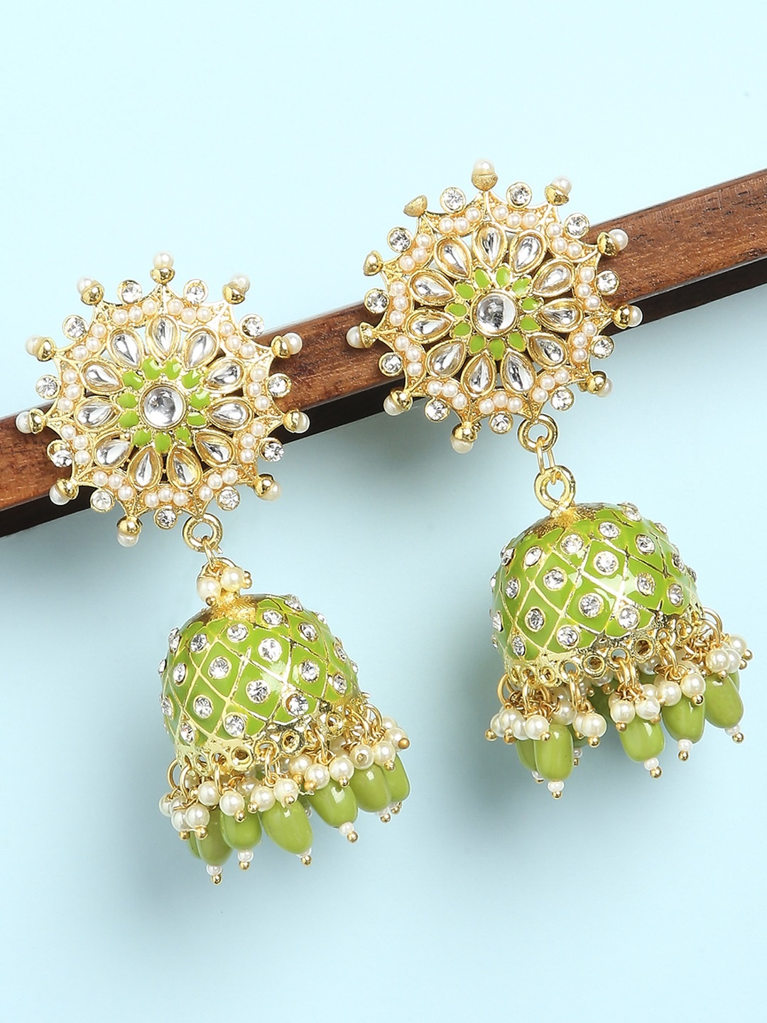 

OOMPH Green Enameled Jhumkas Earrings