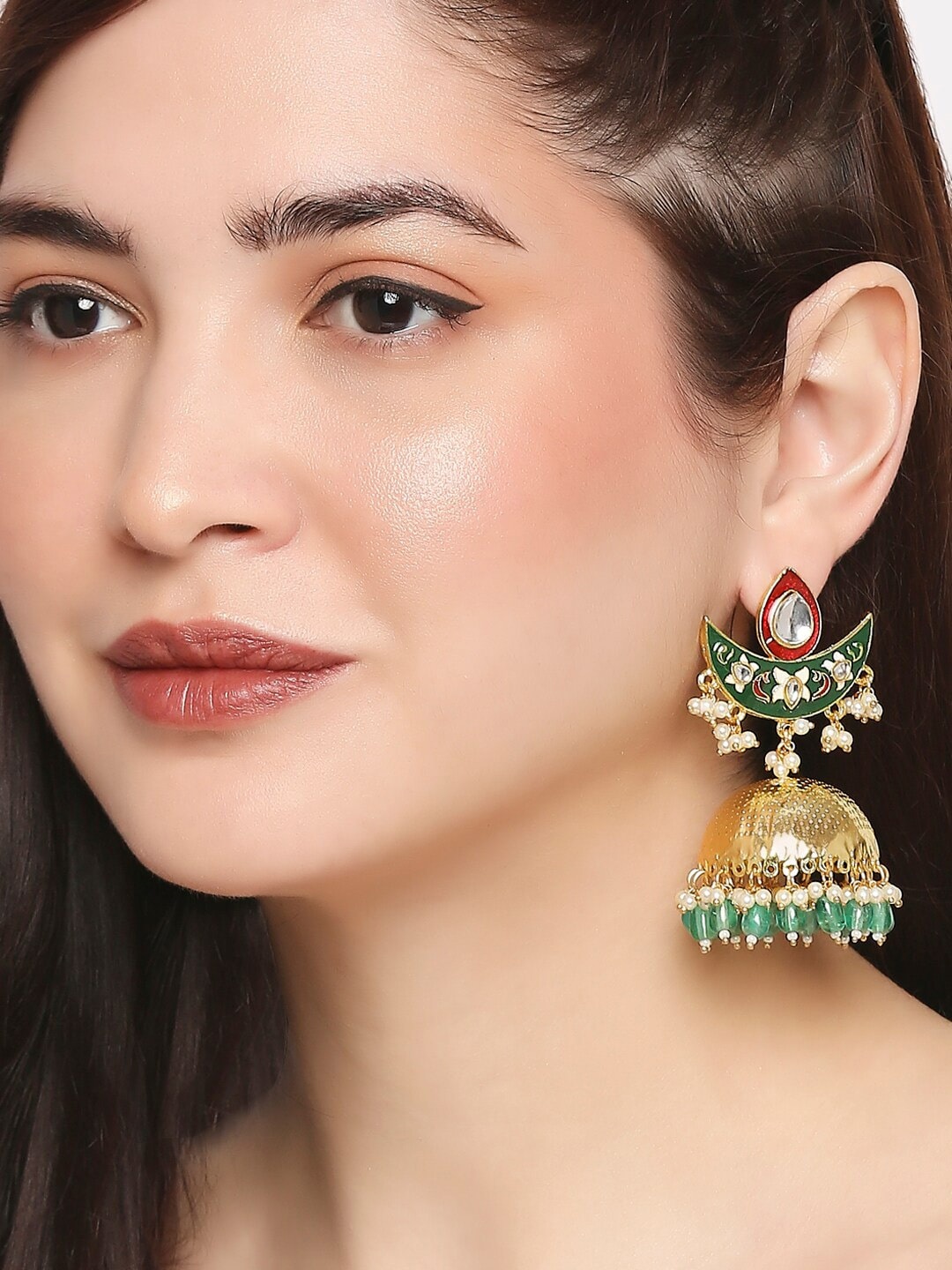 

OOMPH Gold-Toned & Green Contemporary Jhumkas Earrings