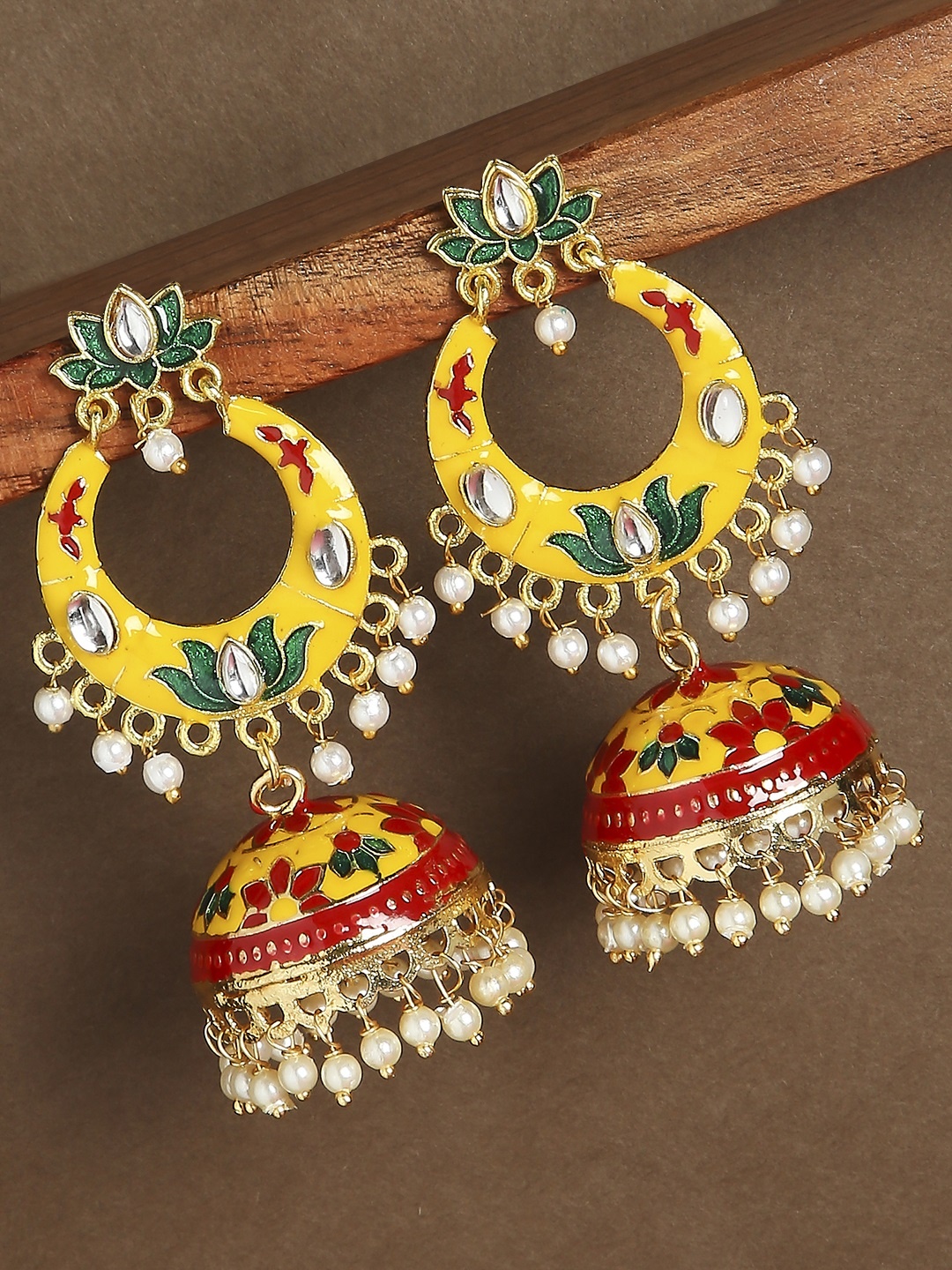 

OOMPH Yellow Meenakari Chandbalis Earrings