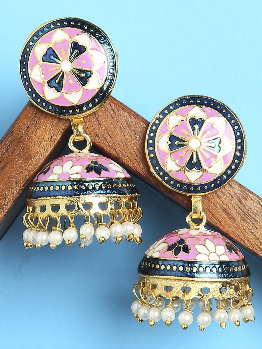 

OOMPH Gold-Toned & Pink Floral Meenakari Jhumkas Earrings