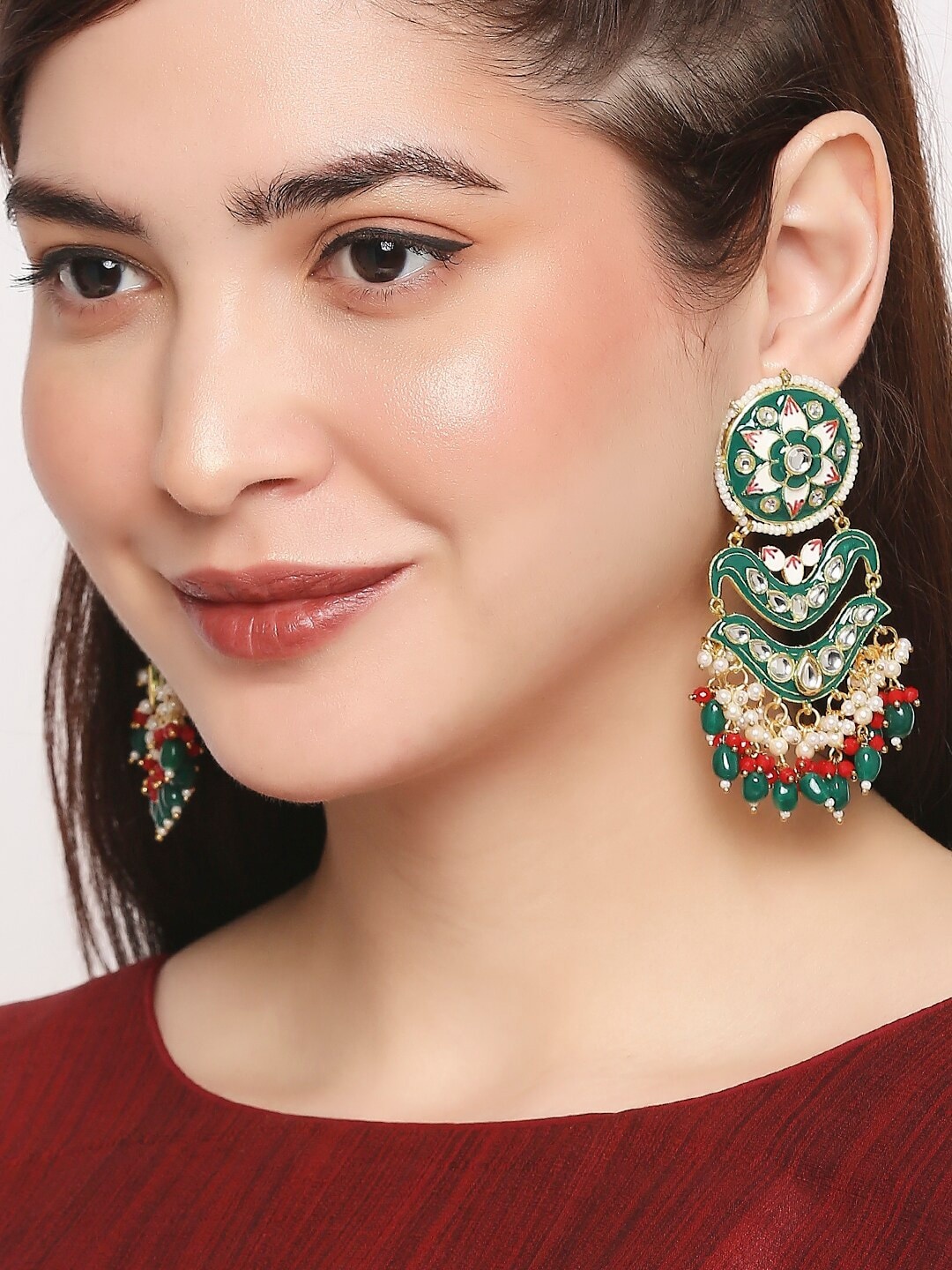 

OOMPH Gold-Toned & Green Contemporary Chandbalis Earrings