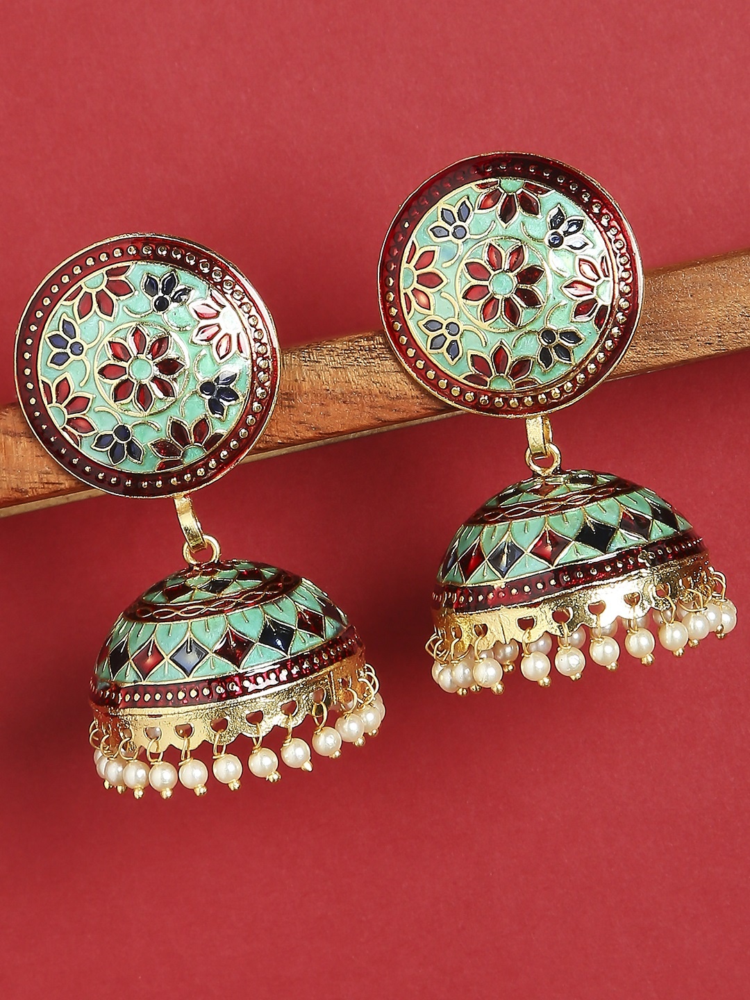 

OOMPH Green Floral Jhumkas Earrings