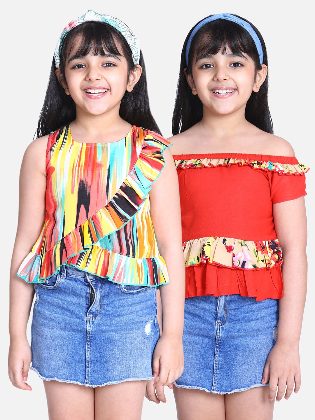 

Cutiekins Yellow & Orange Pack Of 2 Printed Ruffles Crepe Blouson Top