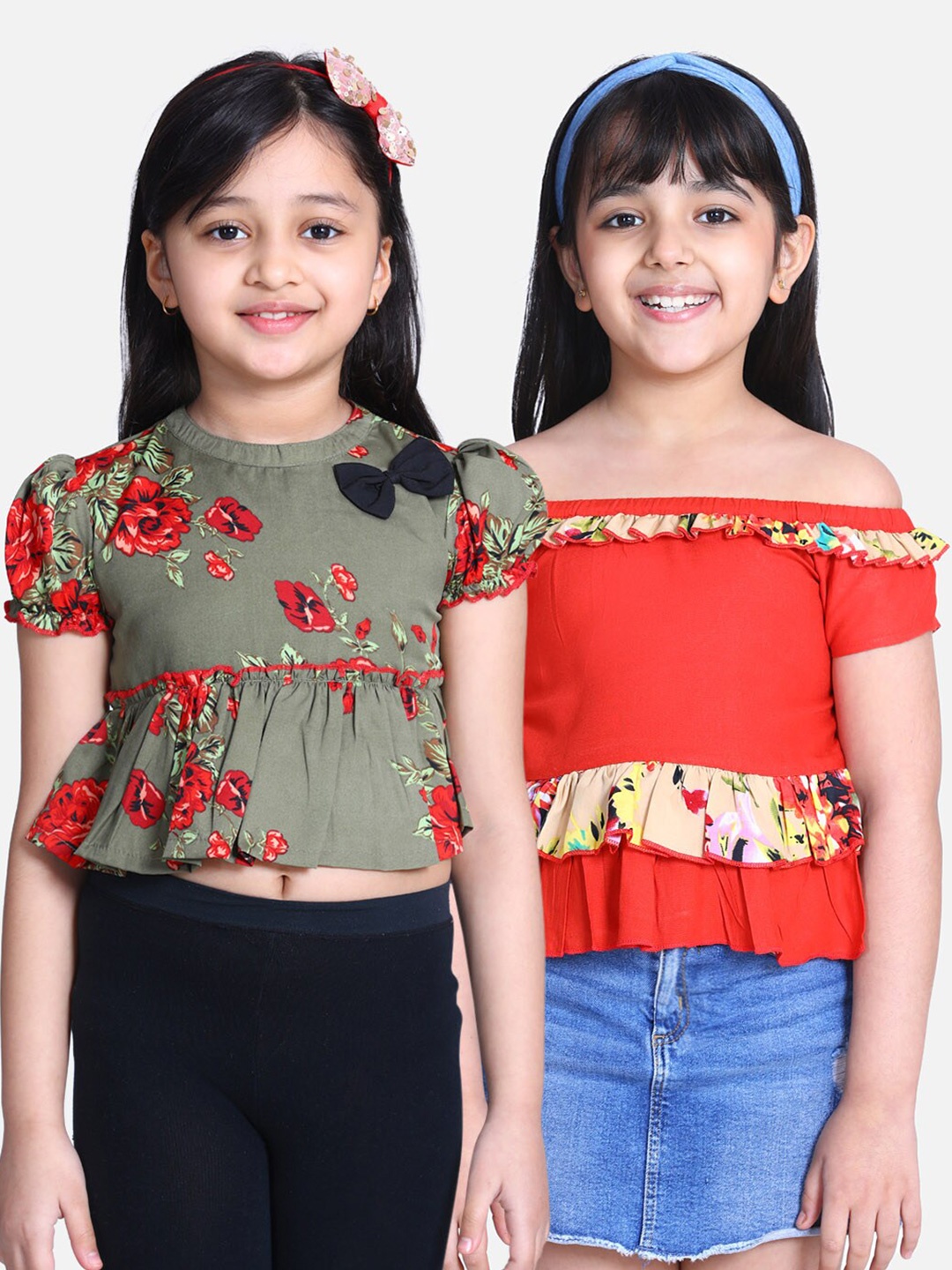 

Cutiekins Green Floral Ruffles Crepe Peplum Crop Top