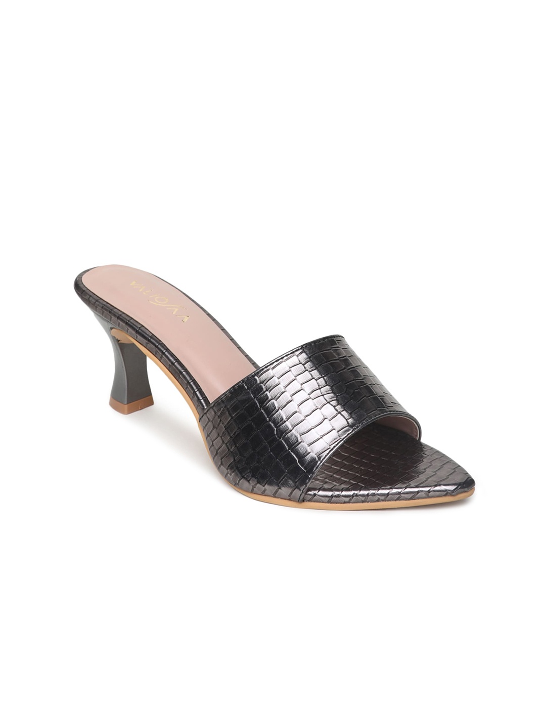 

VALIOSAA Gunmetal-Toned Scale Textured Party Block Peep Toes, Metallic