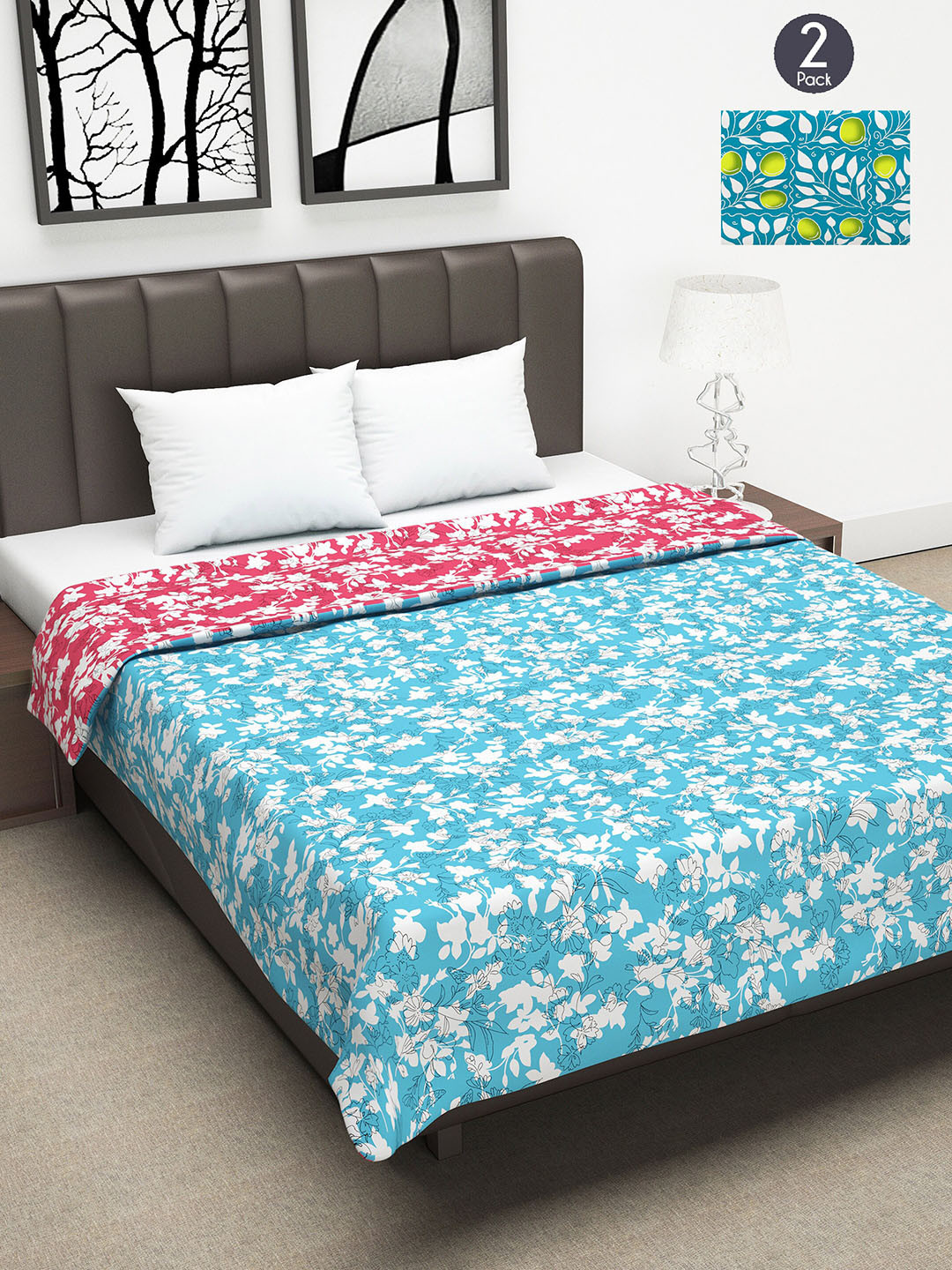 

Divine Casa Blue & Pink Set of 2 Floral Mild Winter 120 GSM Double Bed Dohars