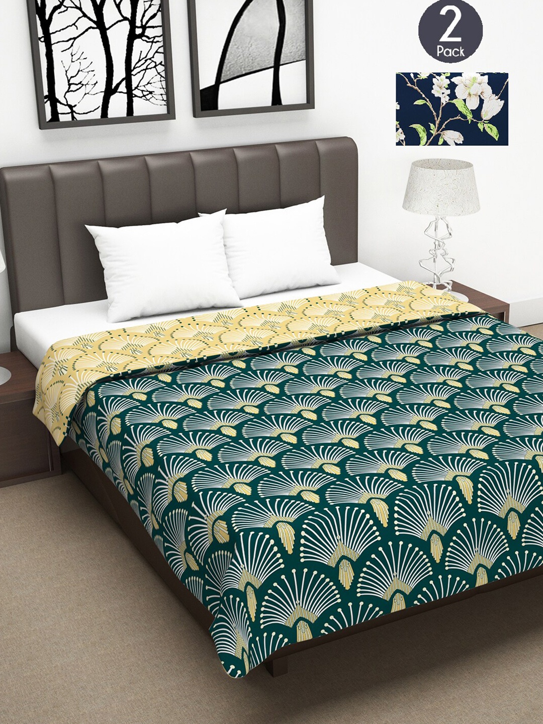 

Divine Casa Green & White Set of 2 Floral Mild Winter 120 GSM Double Bed Dohars