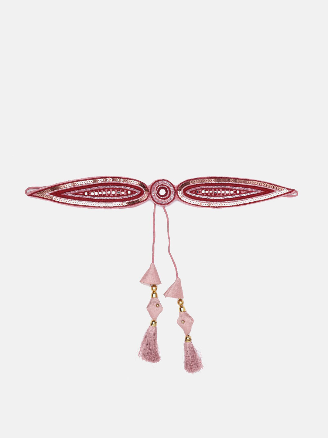 

panchhi Women Rose-Gold Mirror Work Hand Made Velvet Waist Belt, Kamarbandh With Tassels