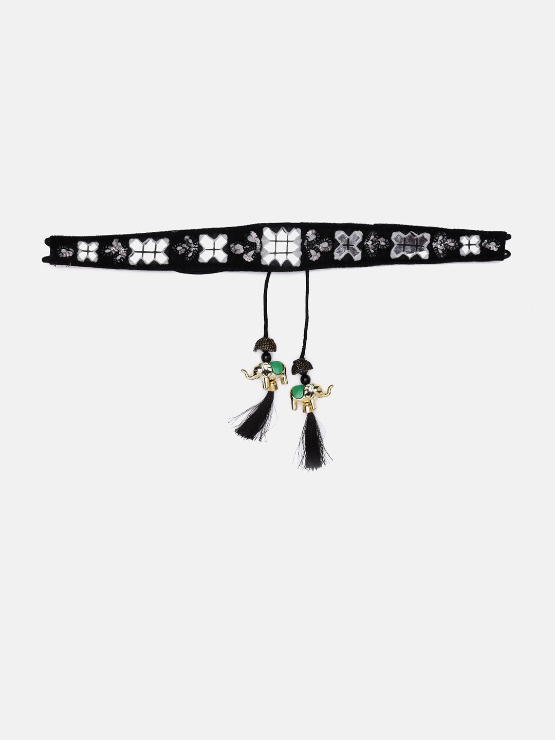 

panchhi Black Designer Mirror Waist Belt or Kamarbandh For Women With Tassels