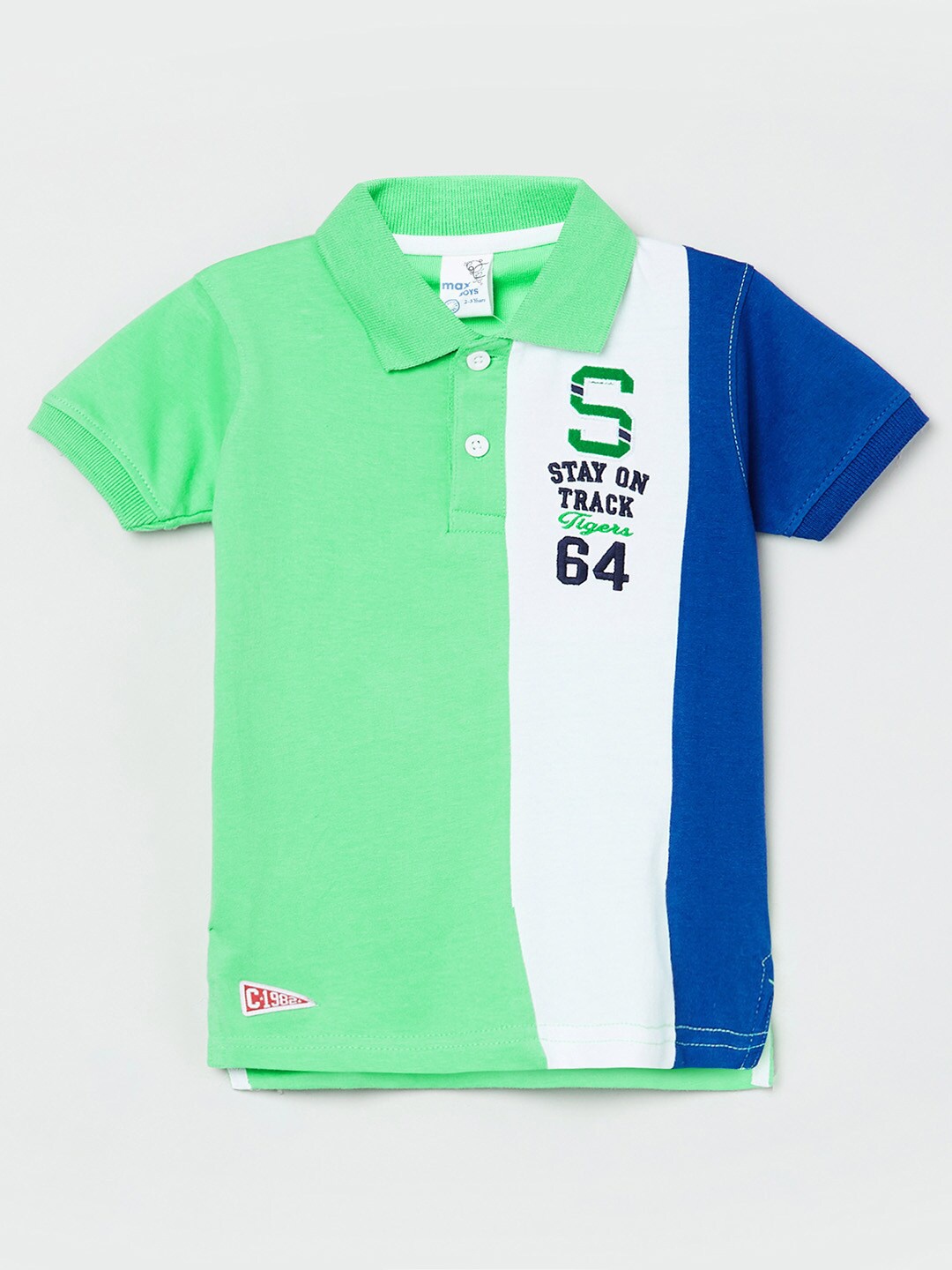 

max Boys Green White Colourblocked Polo Collar Applique Cotton Pure Cotton T-shirt