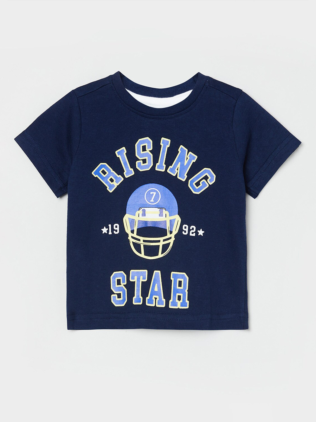 

max Boys Navy Blue Beige Typography Printed Pure Cotton T-shirt