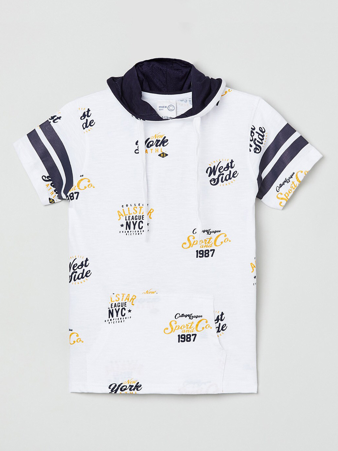 

max Boys White & Black Typography Printed Polo Collar T-shirt
