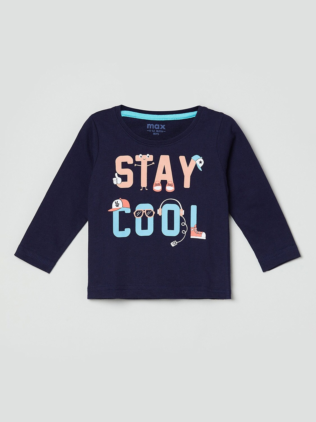 

max Boys Navy Blue Typography Printed Applique T-shirt