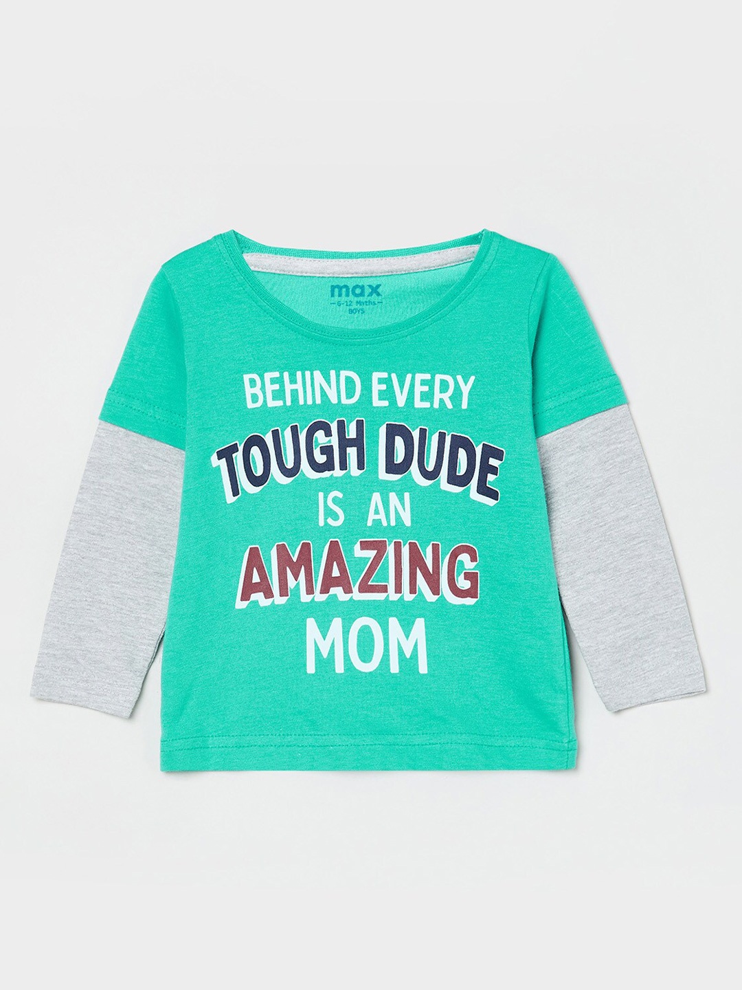 max Boys Green White Typography Printed Pure Cotton T-shirt