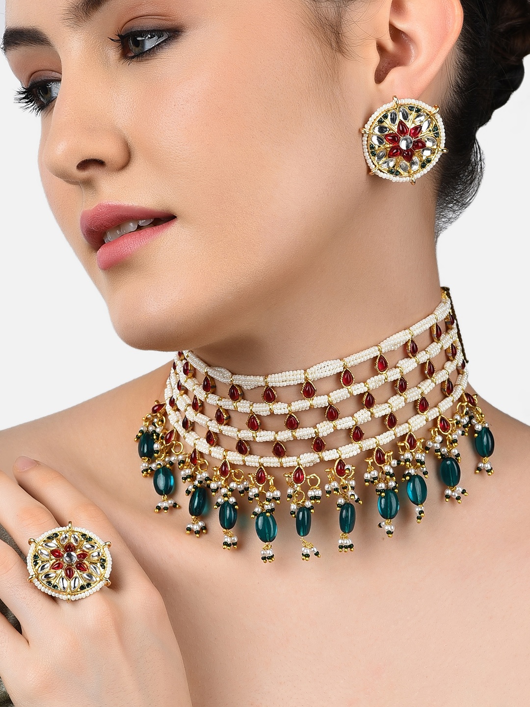 

Zaveri Pearls Gold-Plated Pink & Green Kundan-Studded & Beaded Jewellery Set