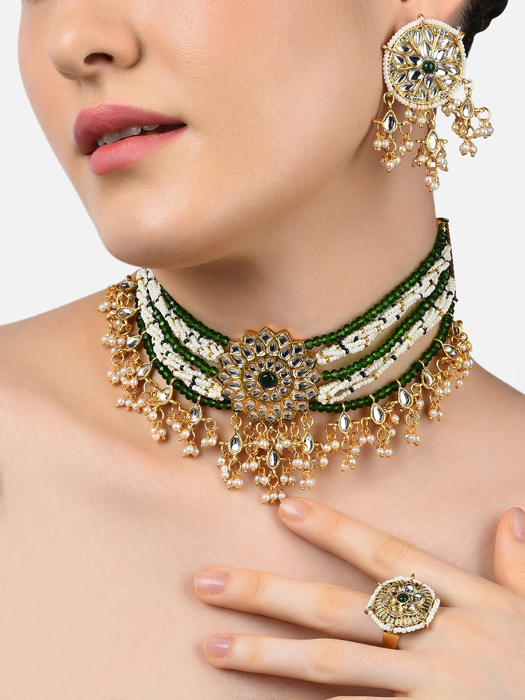 

Zaveri Pearls Gold-Plated White & Green Kundan Studded White & Green Crystal Beaded Jewellery Set