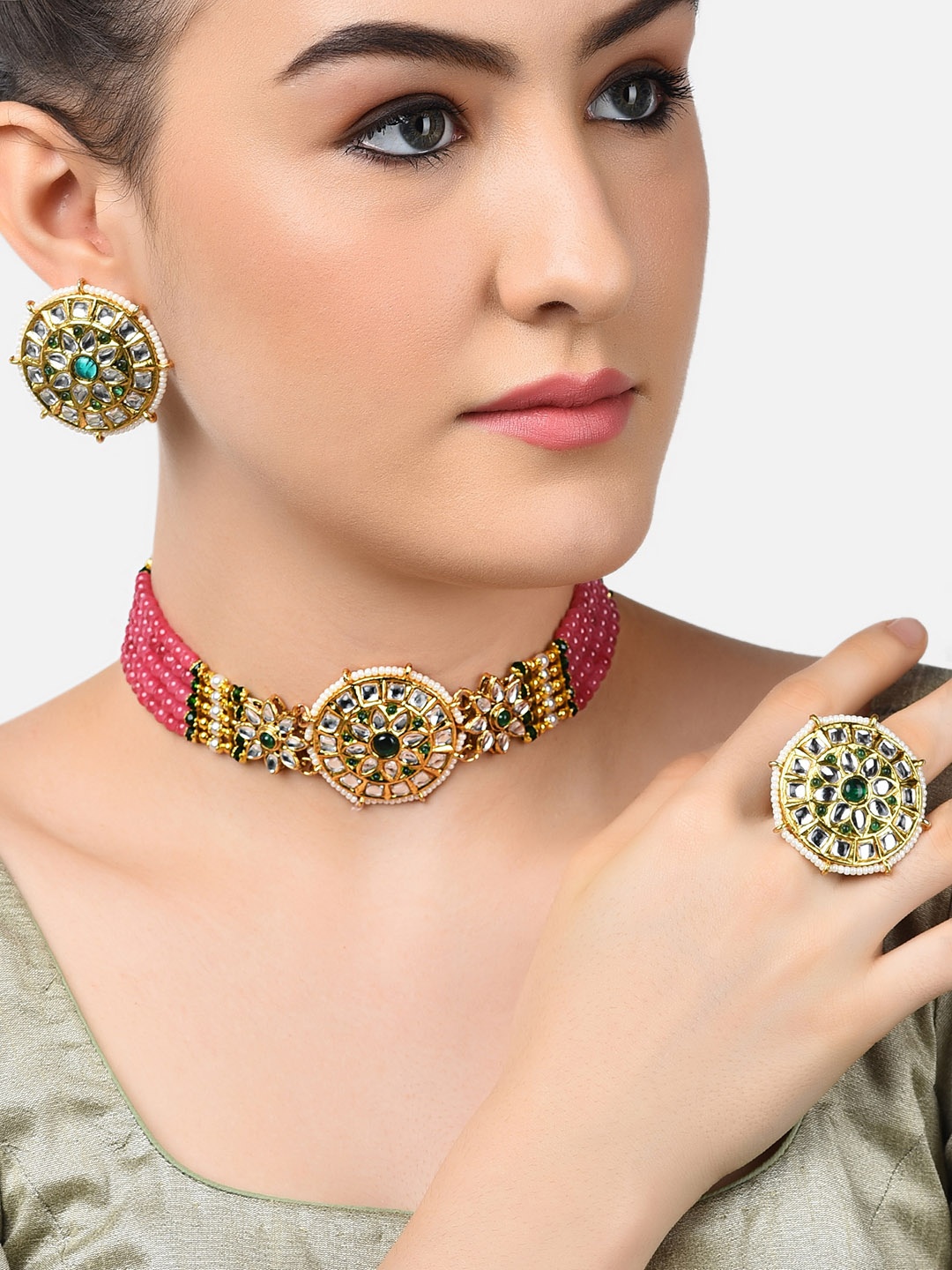 

Zaveri Pearls Gold-Plated Pink & Green Kundan-Studded & Beaded Jewellery Set