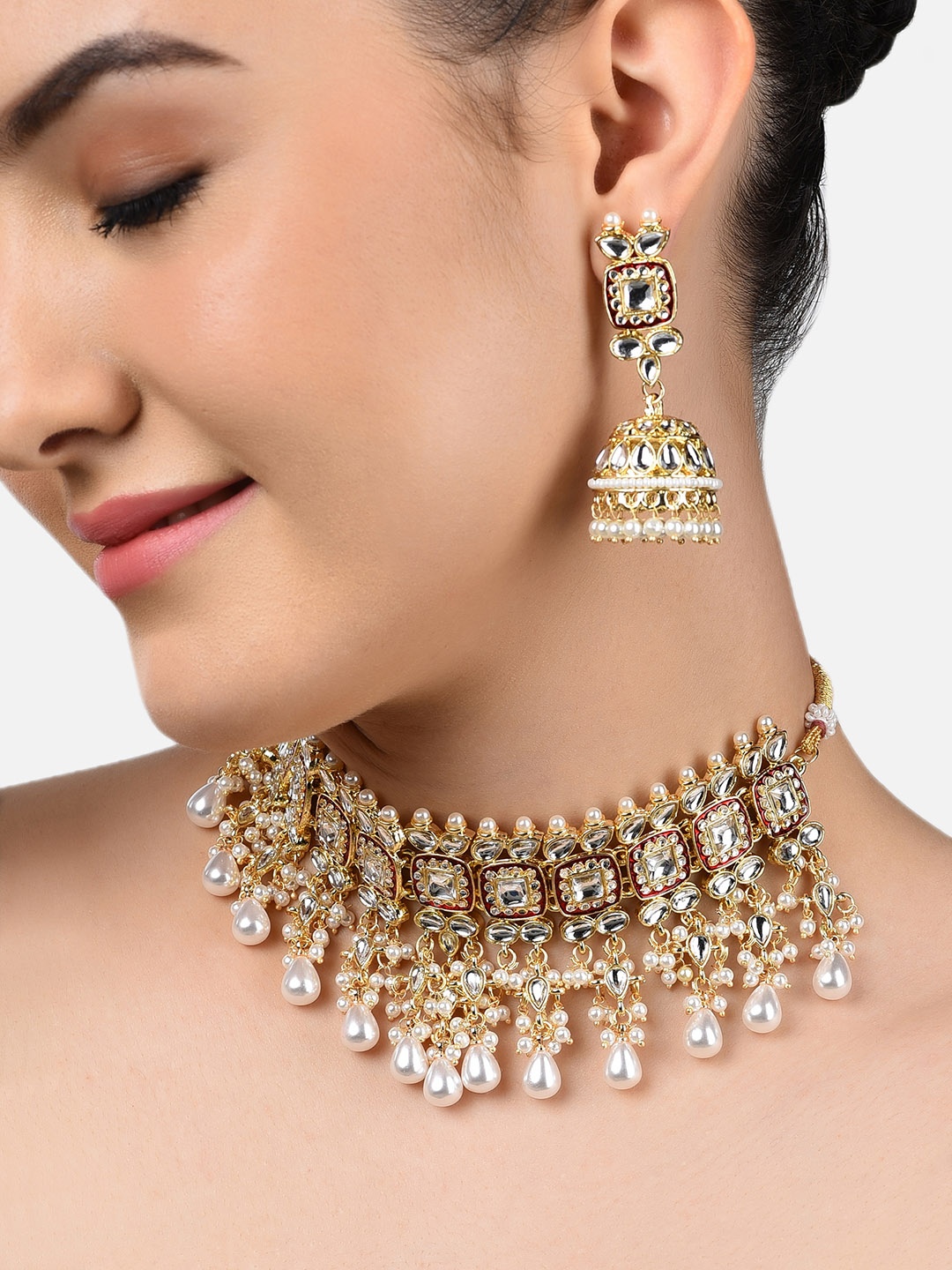 

Zaveri Pearls Gold-Plated & Red Kundan Studded Meenakari Jewellery Set