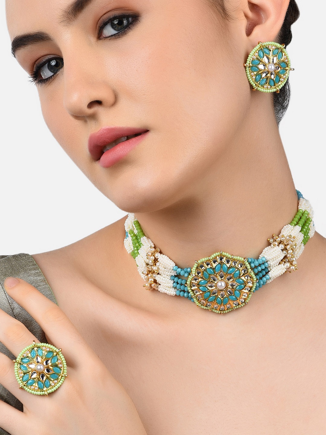 

Zaveri Pearls Gold-Plated Turquoise Blue & White Kundan-Studded & Pearl Beaded Jewellery Set