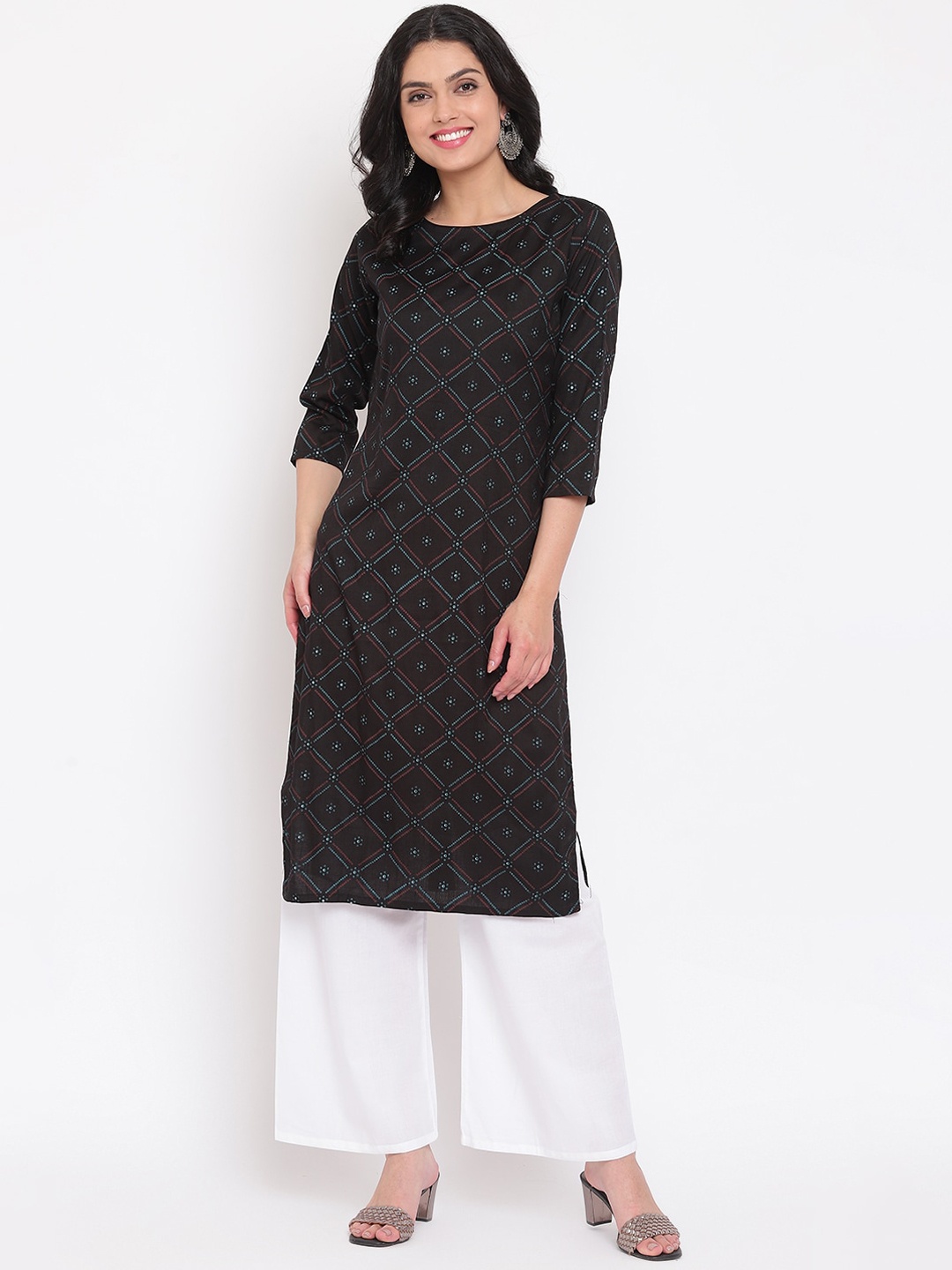 

Napra Women Black Geometric Keyhole Neck Flared Sleeves Pastels Kurta
