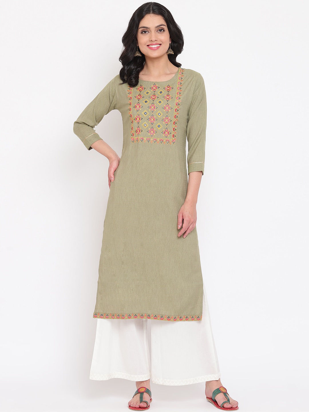 

Napra Women Grey Cotton Geometric Embroidered Thread Work Pastels Kurta