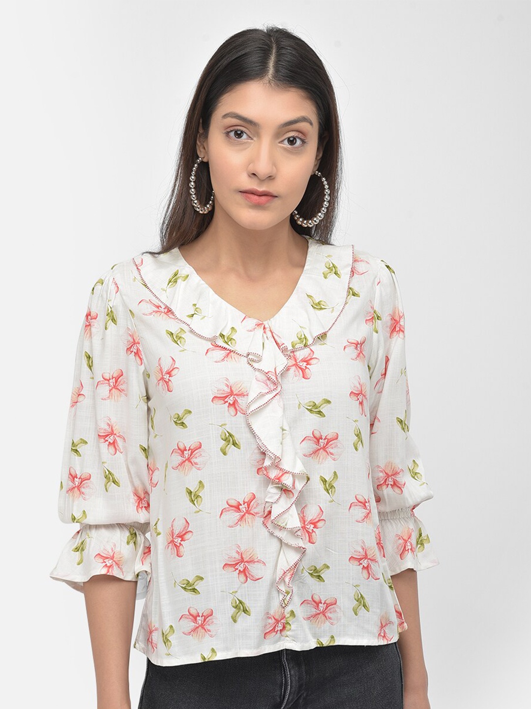 

Latin Quarters White Floral Printed Ruffles Regular Top