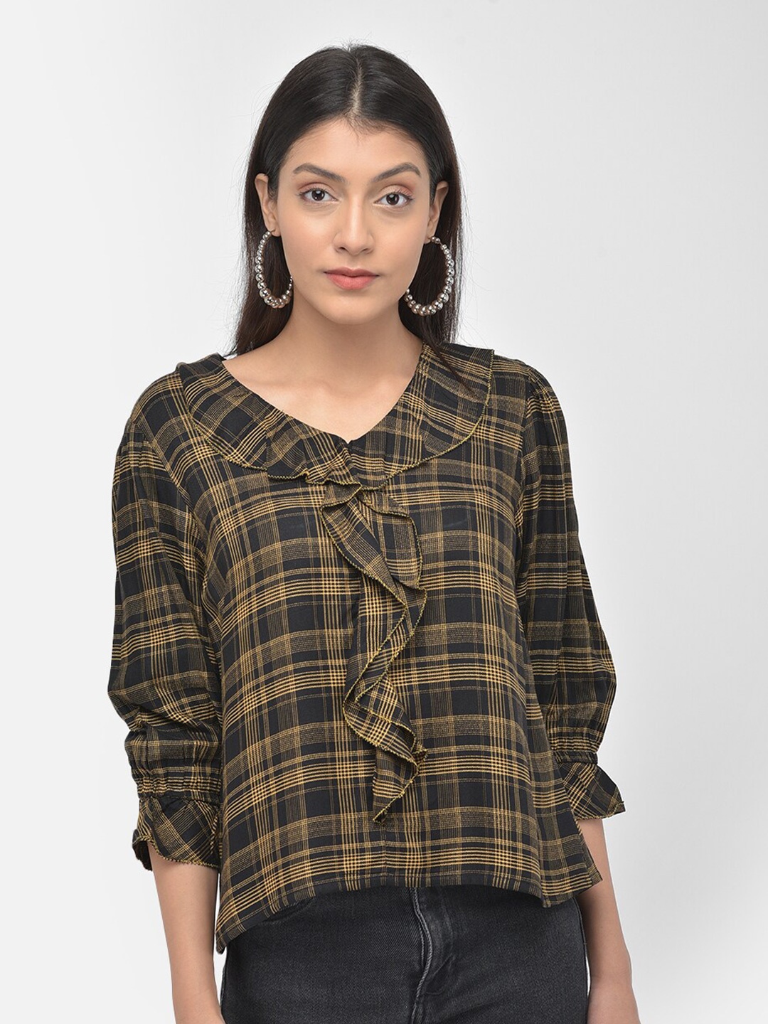 

Latin Quarters Black & Brown Checked Ruffles Top