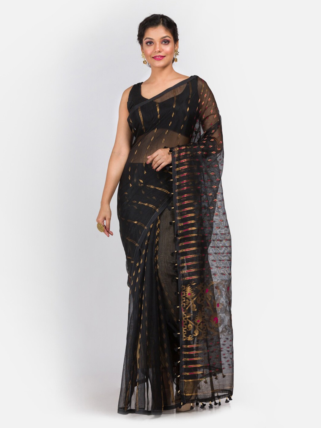 

Aryavart Black & Pink Woven Design Zari Saree with Pompom Detailing Along the Border