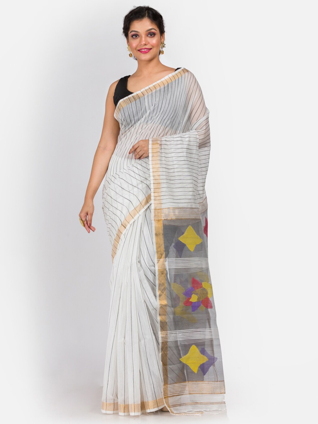 

Aryavart White & Yellow Striped Jamdani Saree