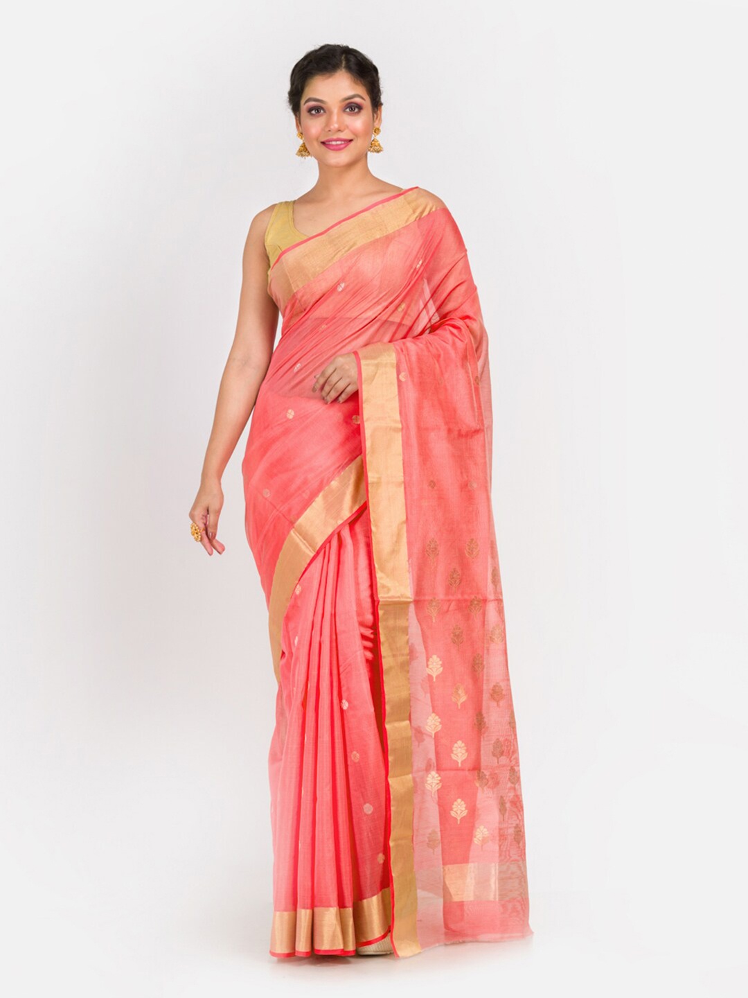 

Aryavart Coral & Gold Woven Design Zari Silk Cotton Saree