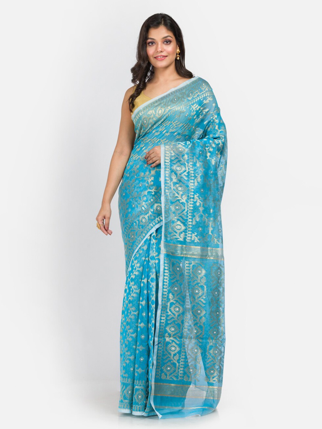 

Aryavart Turquoise Blue & Gold Ethnic Motifs Zari Jamdani Saree