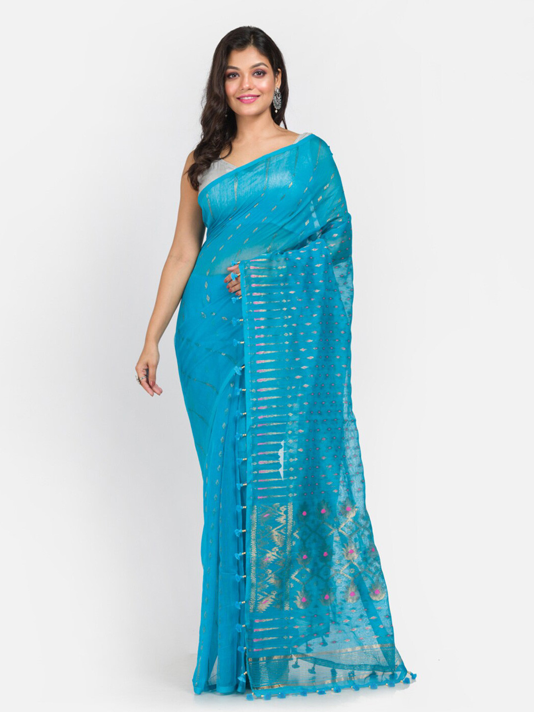 

Aryavart Turquoise Blue & Pink Woven Design Zari Jamdani Saree with Pompom Detailing