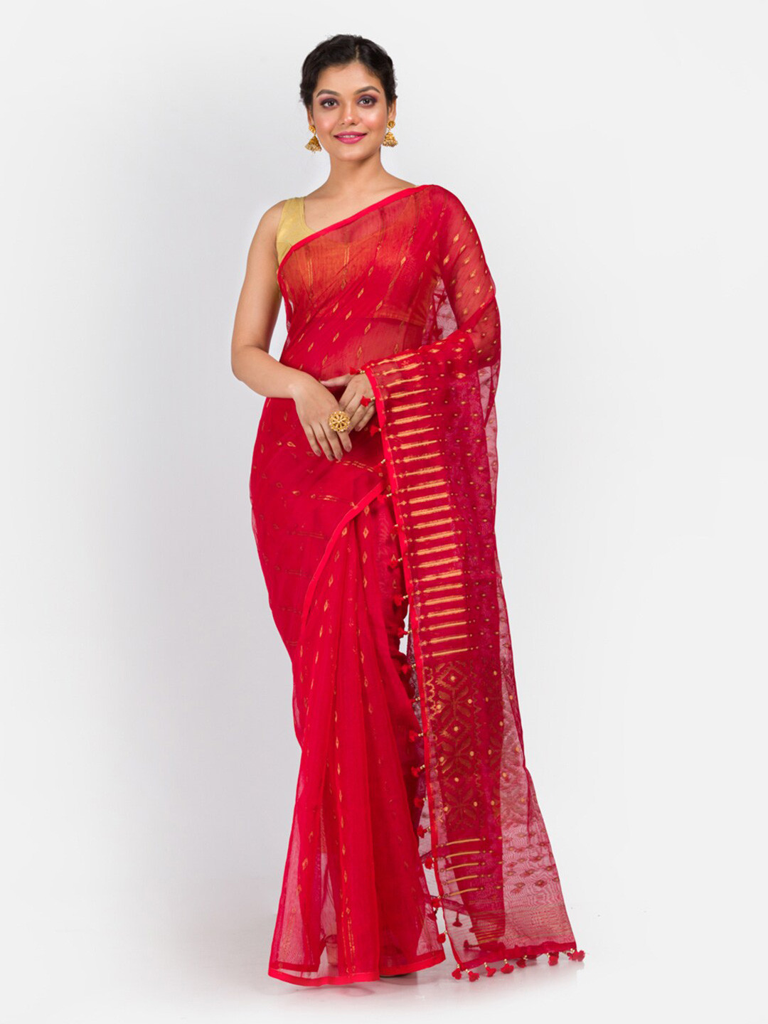 

Aryavart Red & Gold Ethnic Motifs Jamdani Saree with Pompom Detailing Along the Border