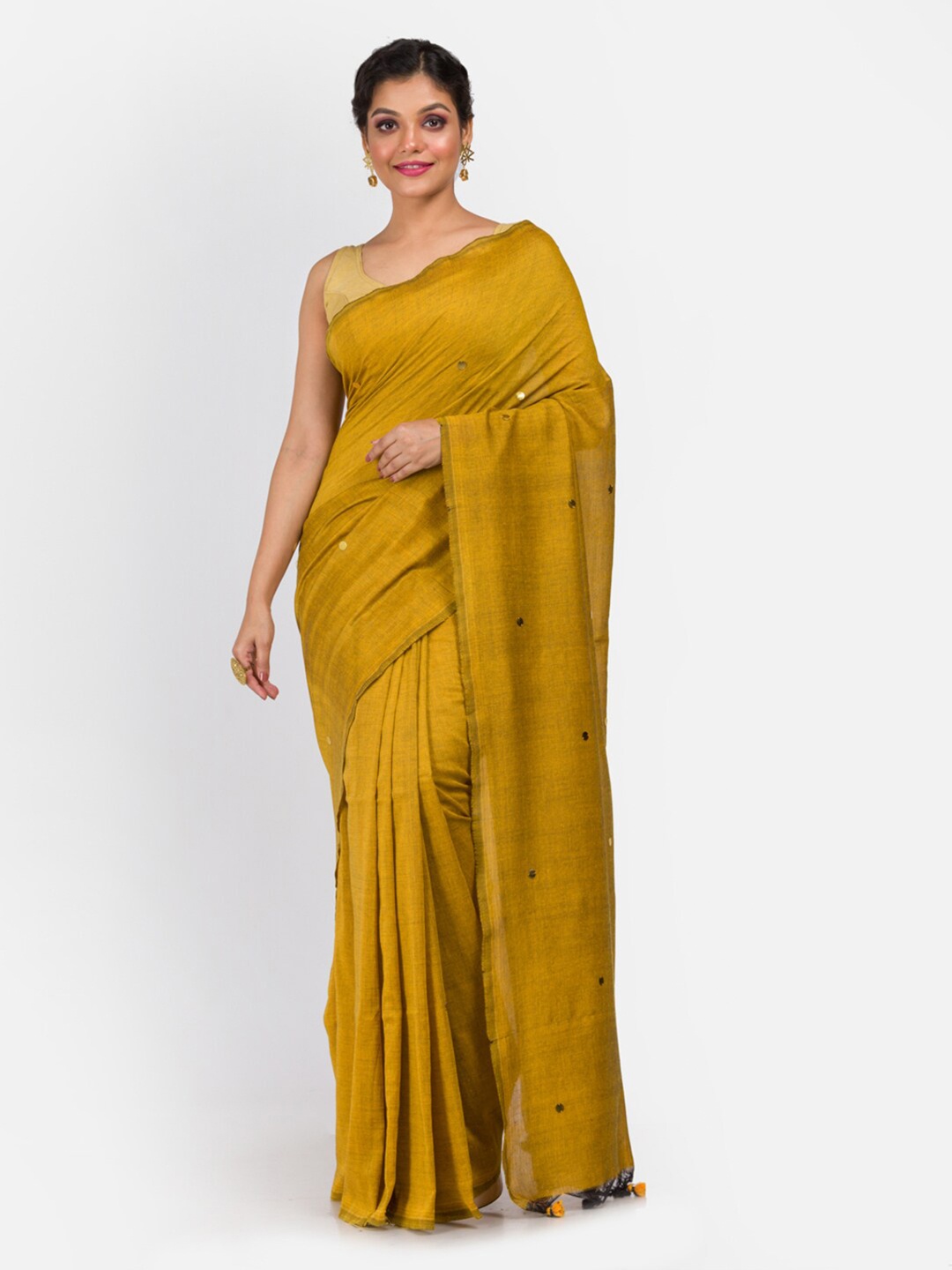 

Aryavart Mustard Pure Cotton Sequin Woven Saree