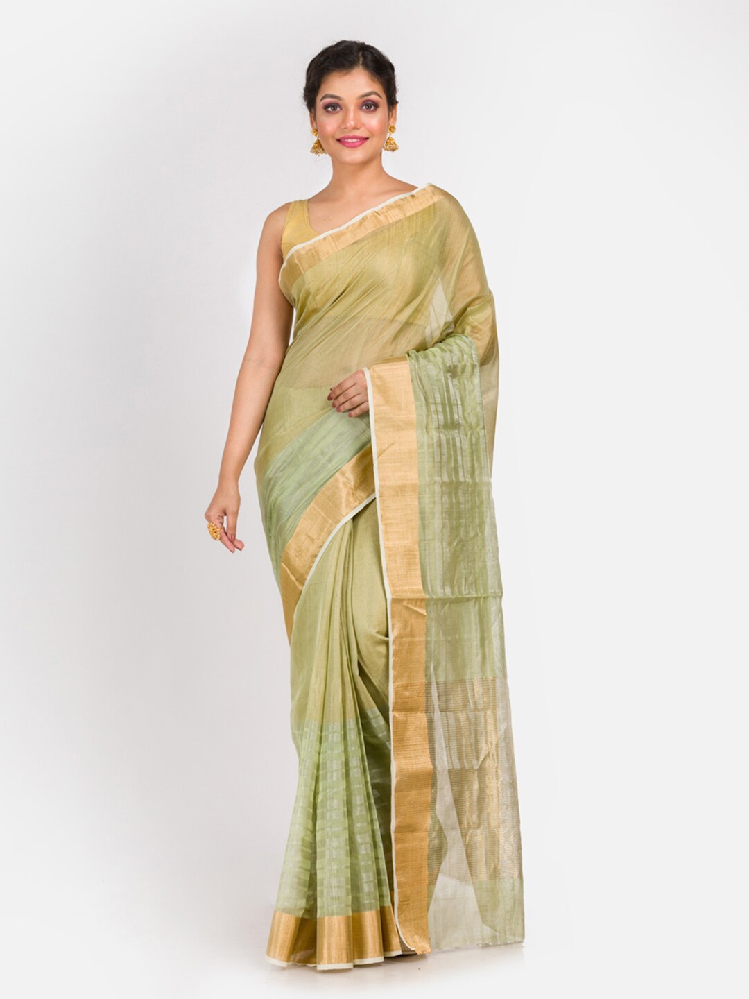 

Aryavart Green & Gold Striped Zari Silk Cotton Chanderi Saree