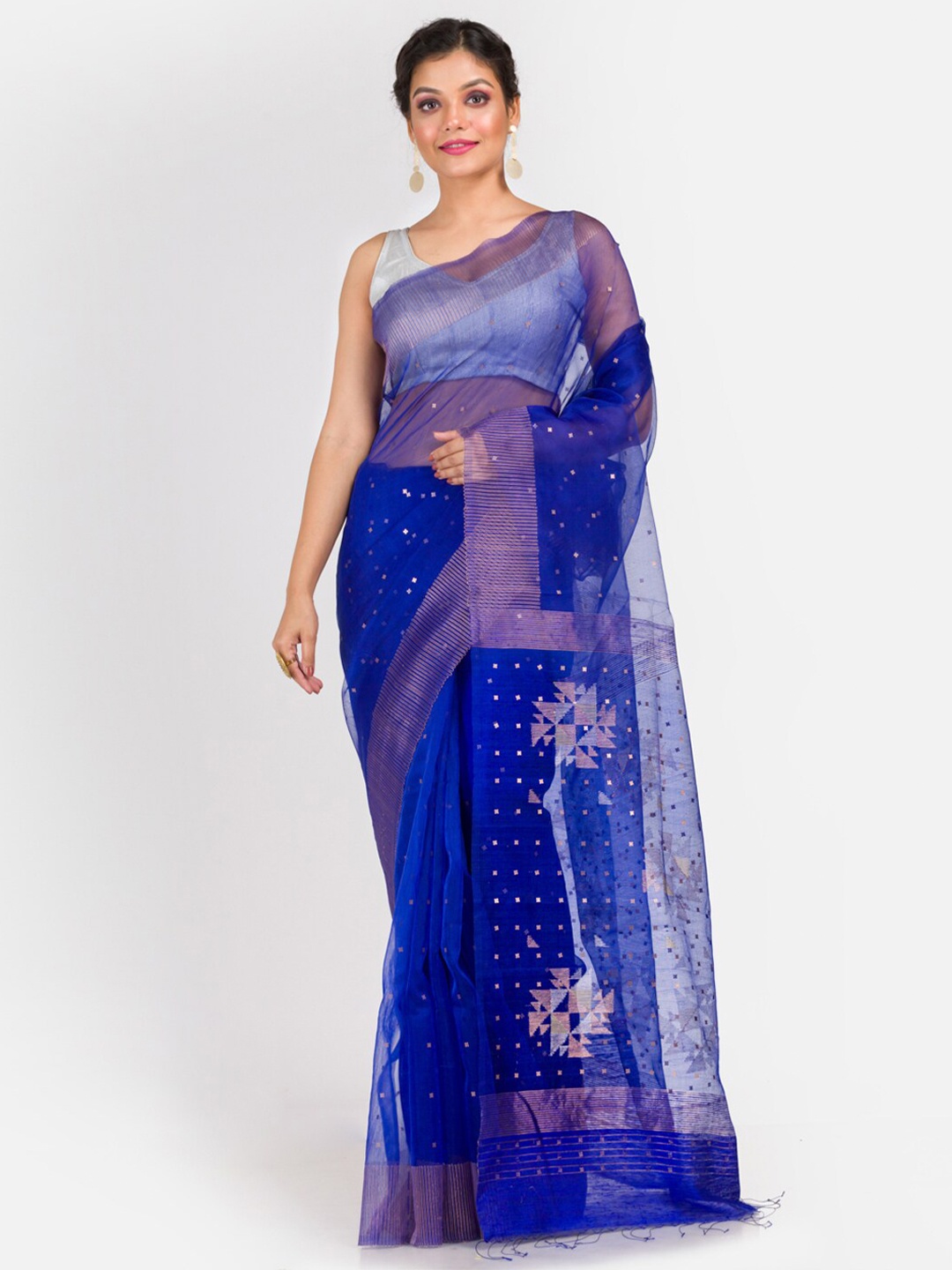 

Aryavart Blue & Gold Sequin Jamdani Motifs Woven Design Pure Silk Saree