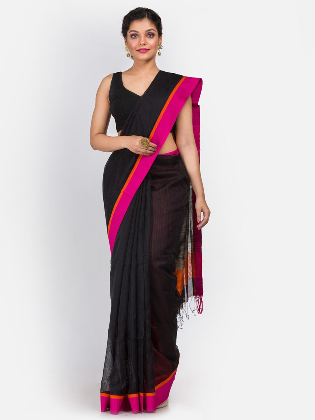 

Aryavart Black & Magenta Striped Silk Cotton Saree