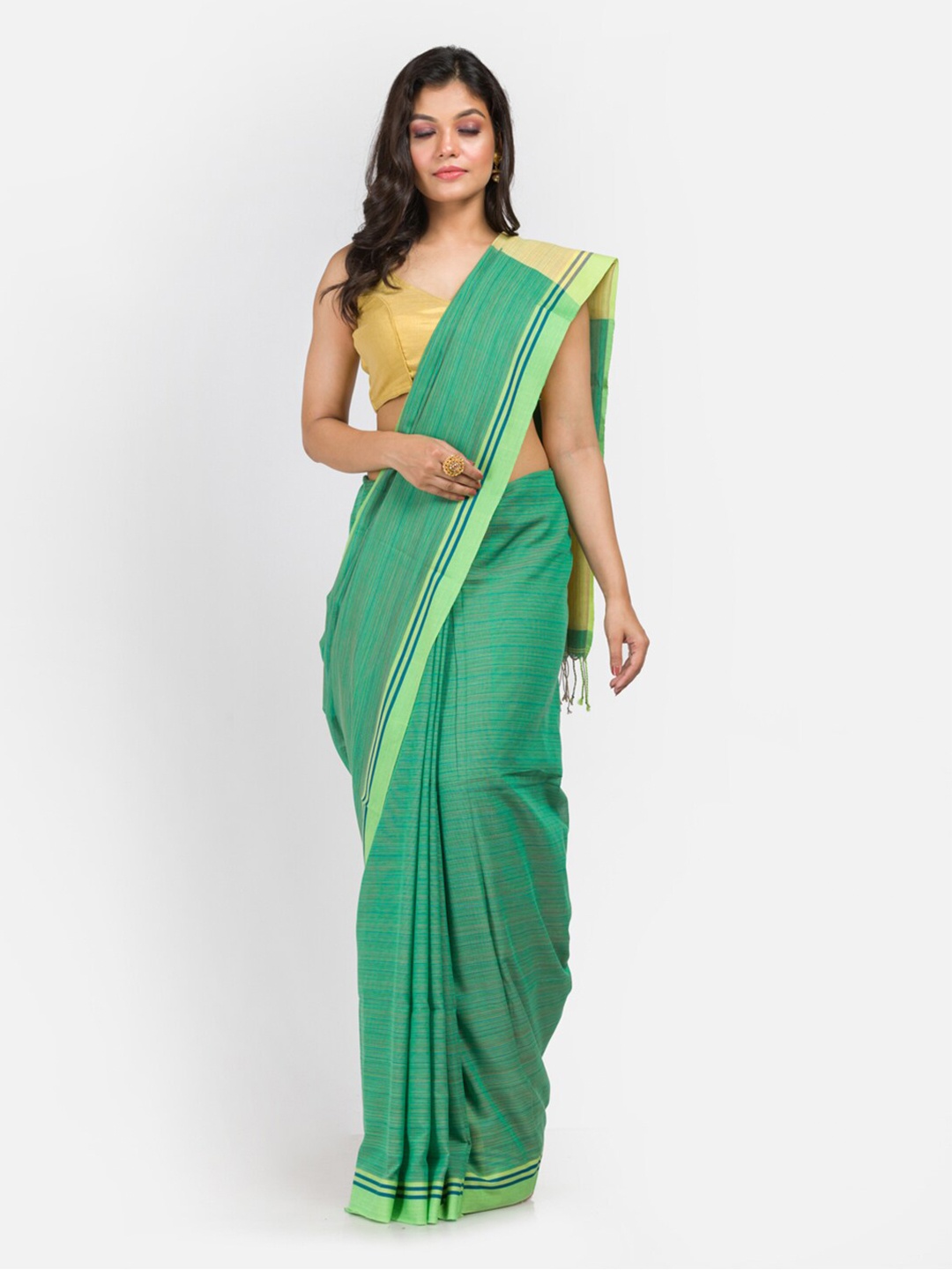 

Aryavart Sea Green & Beige Striped Pure Cotton Saree