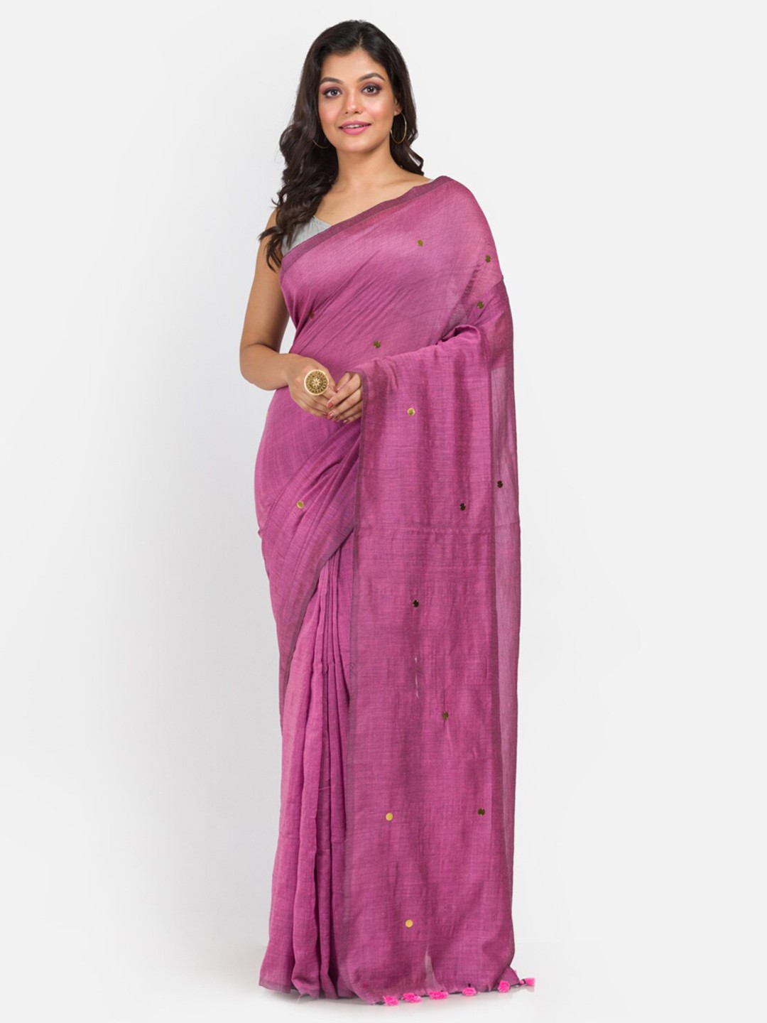 

Aryavart Pink & Gold Embellished Sequinned Pure Cotton Saree