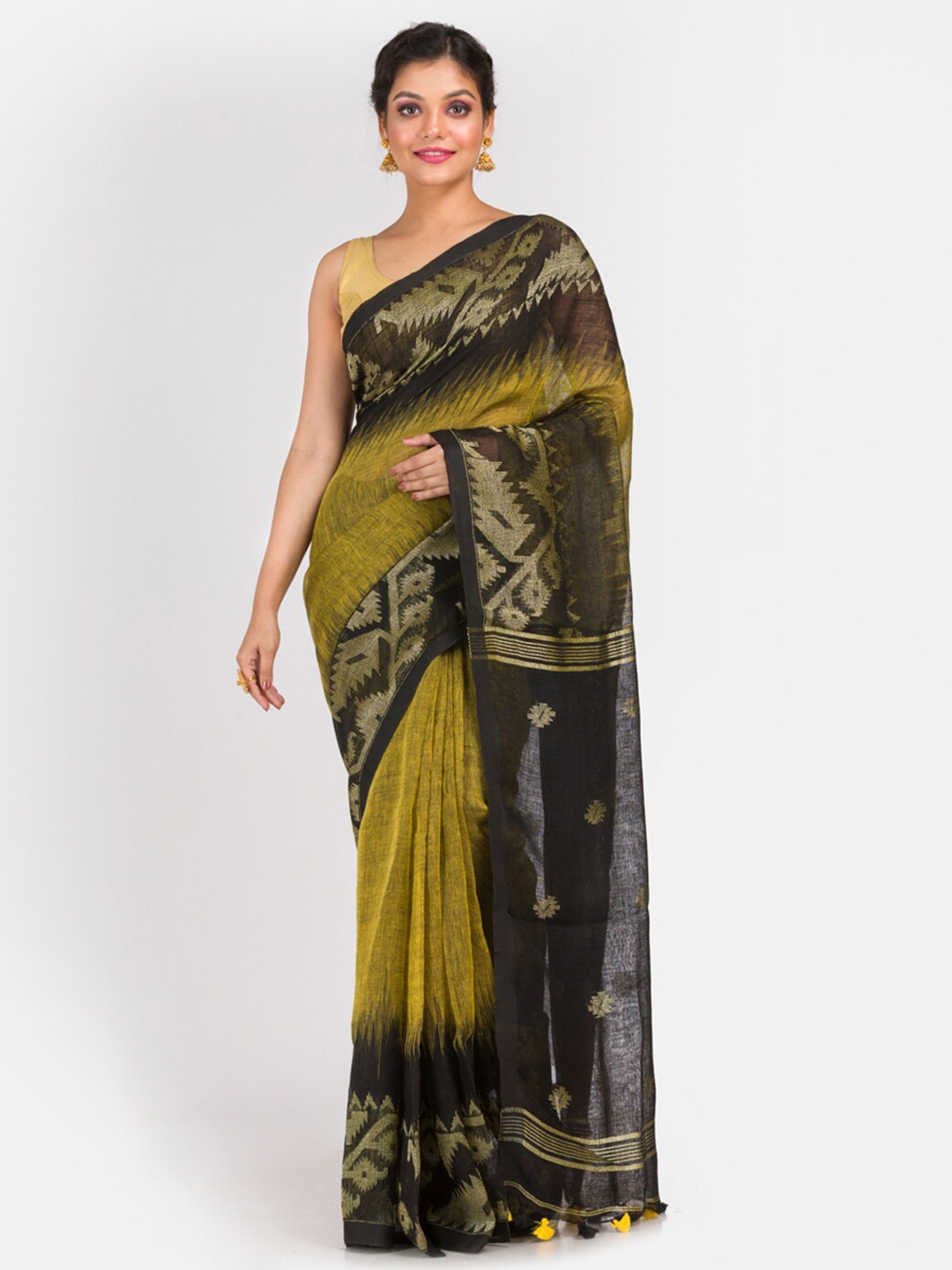 

Aryavart Yellow & Black Zari Pure Linen Jamdani Saree