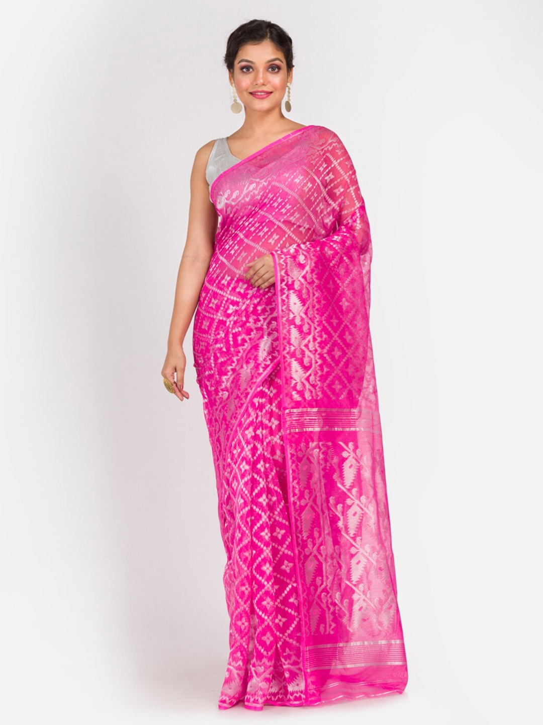 

Aryavart Pink & Silver Ethnic Motifs Zari Jamdani Saree