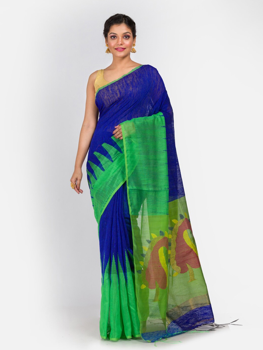 

Aryavart Blue & Green Ethnic Motifs Silk Blend Saree