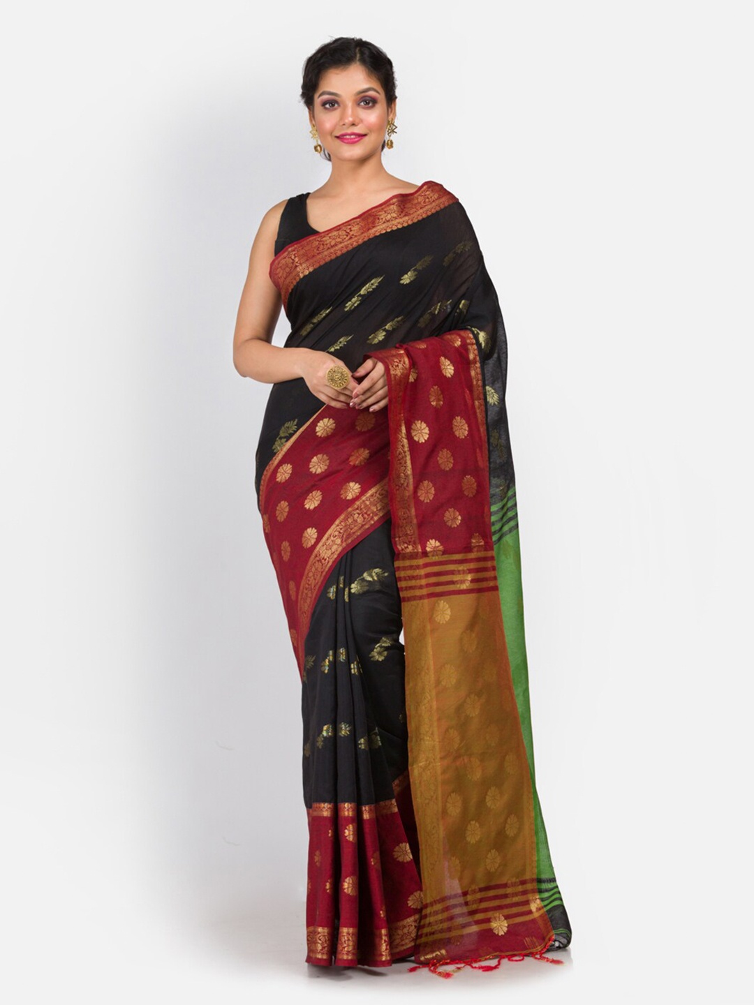 

Aryavart Black & Red Ethnic Motifs Zari Saree
