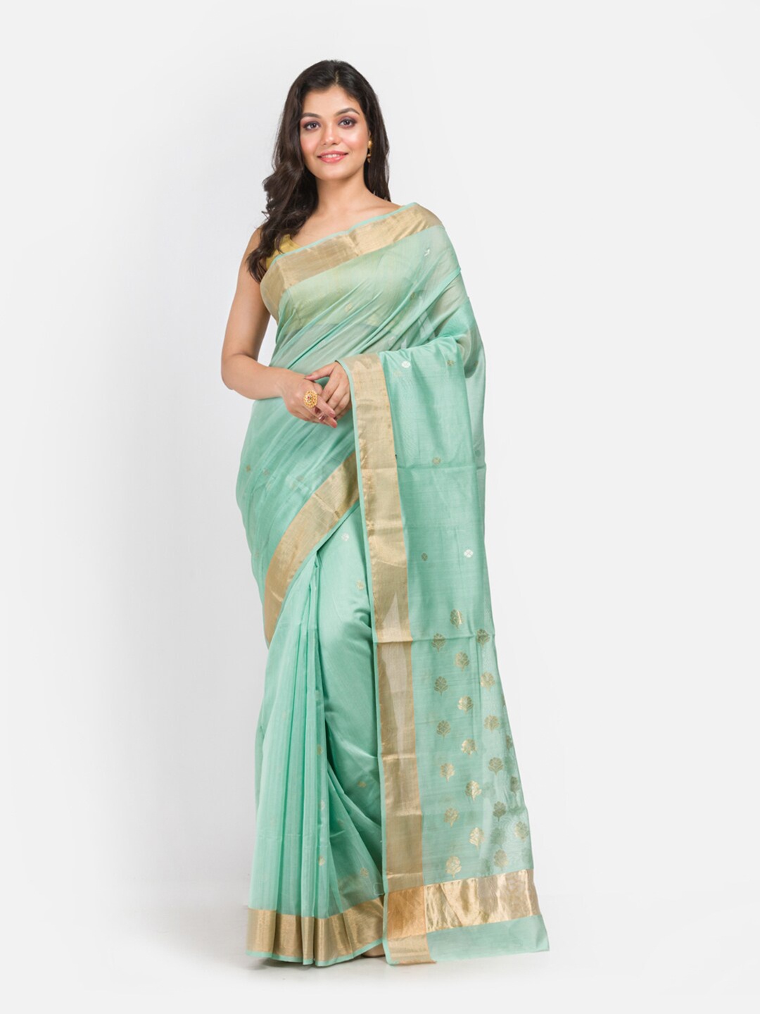 

Aryavart Sea Green & Gold Ethnic Motifs Zari Silk Cotton Chanderi Saree