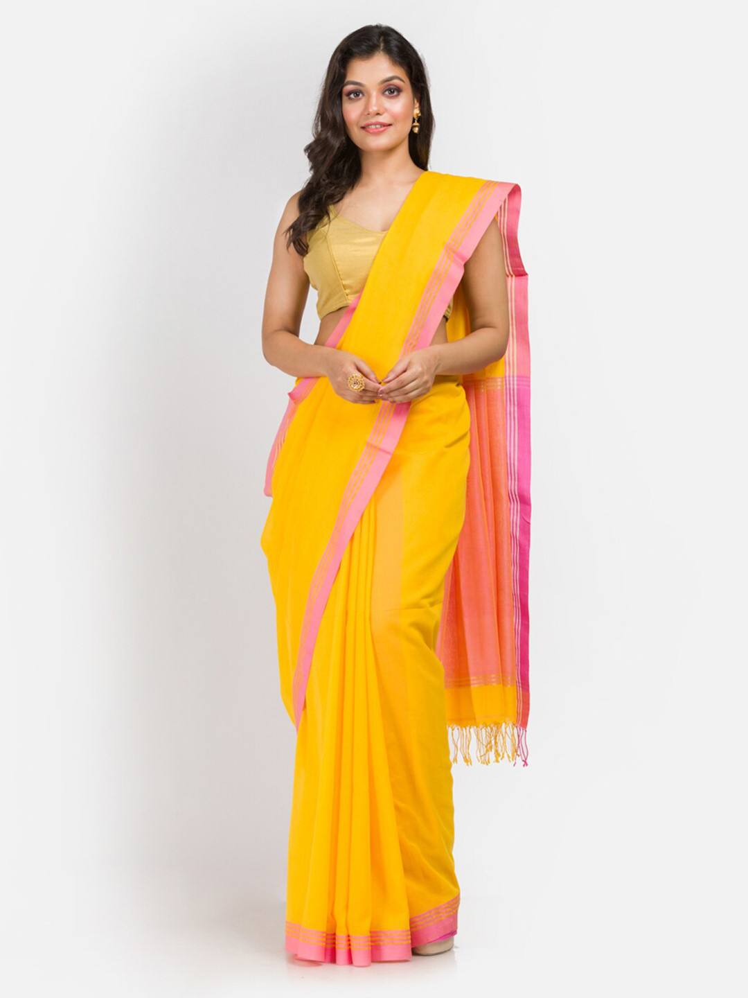

Aryavart Yellow & Pink Pure Cotton Saree