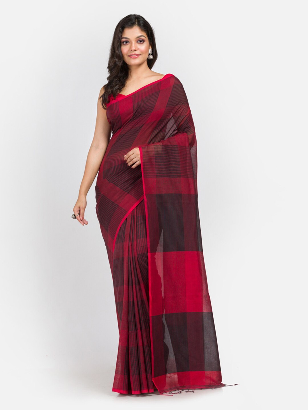 

Aryavart Red & Black Checked Pure Cotton Saree