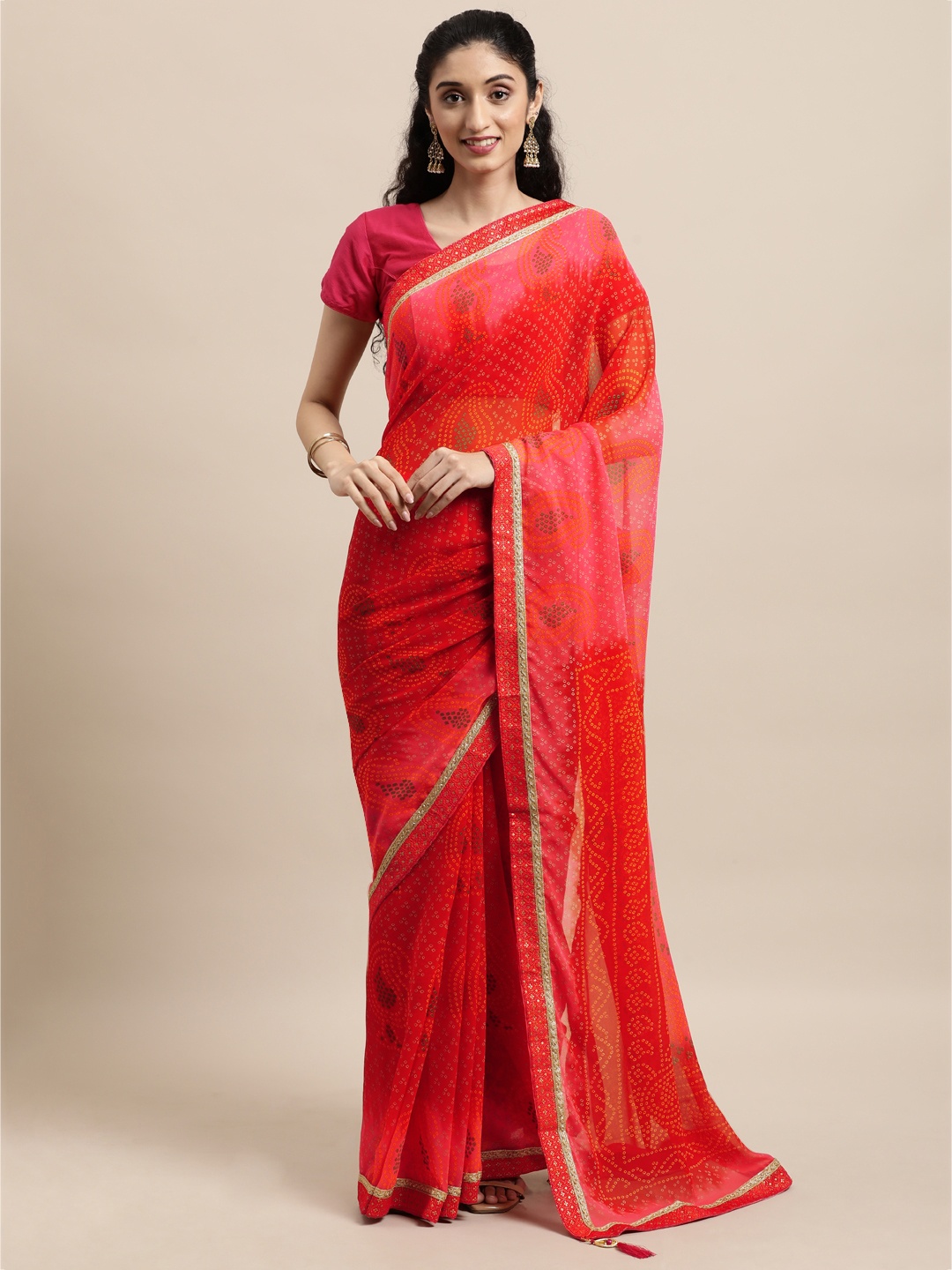 

Triveni Red Bandhani Pure Georgette Bandhani Saree